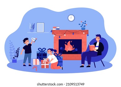 Happy children opening Christmas gift boxes. Family people celebrating Xmas eve near fireplace flat vector illustration. Surprise, holiday concept for banner, website design or landing web page