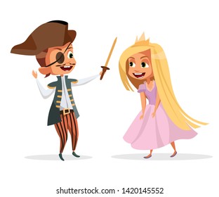 Happy children in outfits flat vector illustration. Little girl in dress and boy with eyepatch cartoon characters. Cute princess with crown, pirate captain holding sword. Kids halloween cosplay party