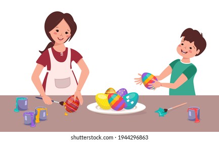 Niños felices pintan huevos de Pascua en la mesa. Muchacho y chica hacen decoraciones para las vacaciones. Hermano y hermana juegan juntos. Ilustración plana del vector