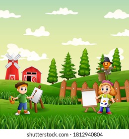 Happy children paint a landscapes in the garden