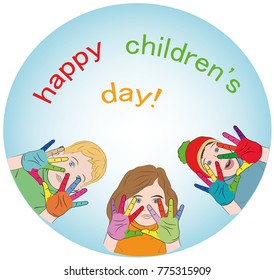 happy children. painted hands of different colors. logo. concept of happy children's day. vector illustration.