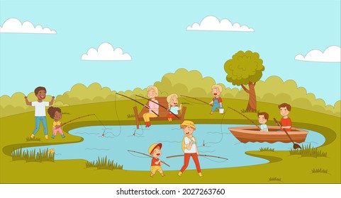 Happy Children and Parents with Fishing Rod Catching Fish in the River or Lake in Summer Vector Illustration