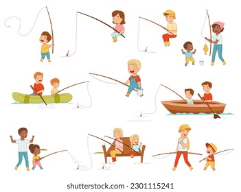 Happy Children and Parents with Fishing Rod Catching Fish in the River or Lake in Summer Big Vector Set