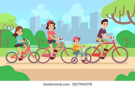 Happy children and parents riding bikes. Active family vector concept. Family on bicycle father mother with daughter and son illustration