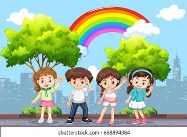 Happy children in the park with rainbow in sky illustration