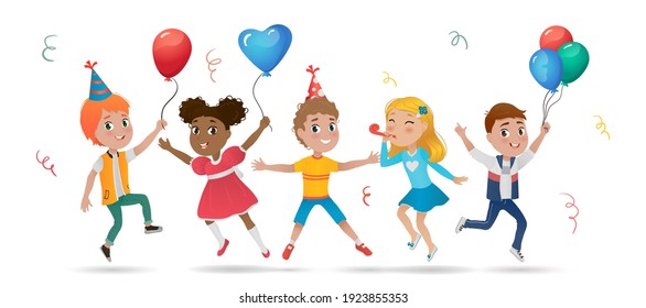 Happy children party with balloons, party hats and confetti. Happy birthday concept.  Funny boys and girls are jumping together. Vector illustration.