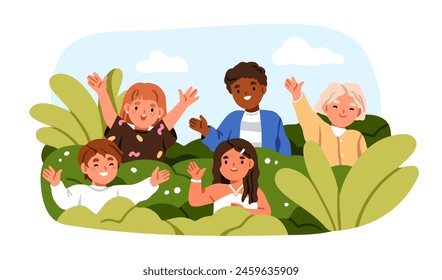 Glückliche Kinder, die schlafen und sich hinter Pflanzen im Park verstecken. Nette Kinder Gruppe Gruß, winkend mit der Hand, Portrait. Jungs, Mädchen spielen draußen in der Natur. Flache Vektorillustration isoliert auf weißem Hintergrund