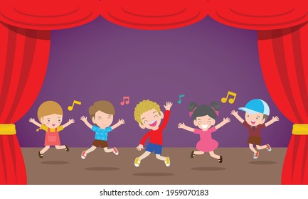 Happy children Performing dancing and jumping at stage Vector illustration cartoon isolated on background 