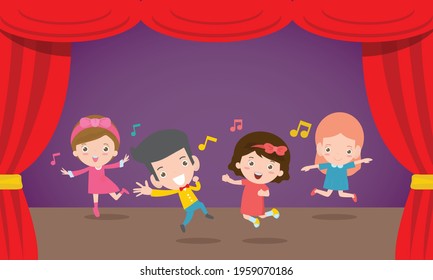 Happy children Performing dancing and jumping at stage Vector illustration cartoon isolated on background 