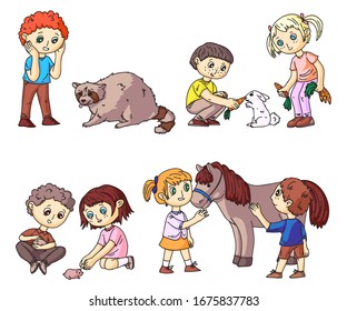 Happy children petting and feeding domestic animals and pets at zoo. Cartoon little boys and girls characters with raccoon, rabbit, horse, hamster and guinea pig set. Vector flat illustration