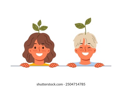 Happy children with plants sprouting from heads, smiling showing commitment to caring for environment. Concept of growing kids thinking about environment and sustainable development of planet