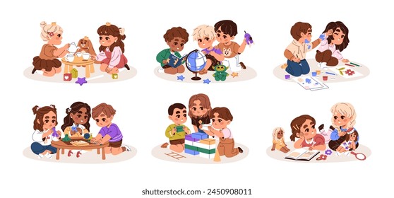 Happy children play different games together set. Little friends drawing, reading on floor. Cute kids have fun with toys, dolls at tea party. Flat isolated vector illustration on white background