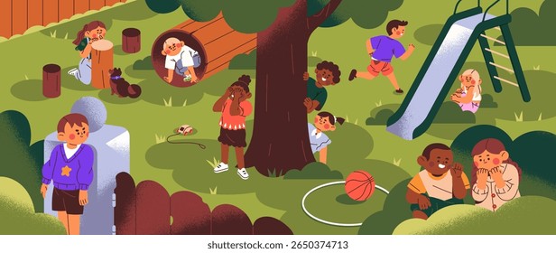 Happy children play hide and seek outdoors. Kids have fun on playground in summer. Blindfold girl is counting while game, students peeking, look out behind trees in park. Flat vector illustration