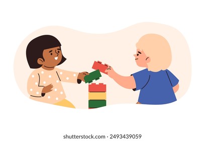 Happy children play with lego construction blocks. Cartoon kids have fun build pyramid tower with bricks. Vector flat illustration in decorative frame. Entertainment and education, leisure time