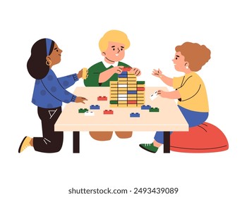 Happy children play with lego construction blocks. Cartoon kids have fun build pyramid tower with bricks. Hobby and education, entertainment and leisure time. Vector flat illustration isolated