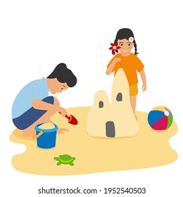 Happy children play on the beach, where they together build sand castle. Vector