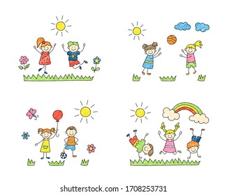 Happy children play on the grass. Cute doodle kids, boys and girls. A set of color isolated scenes. Hand drawn vector illustration on white background