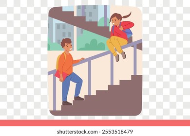 Happy children play on school stairs and ride on railings, enjoying carefree childhood and opportunity to break rules. Children play pranks during break between lessons, waiting for parents to arrive