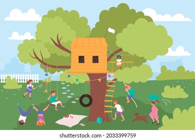 Happy children play on treehouse playground in summer nature park vector illustration. Cartoon group of girl boy child characters have fun, climb on tree house, kids playing together background