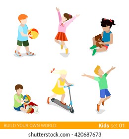 Happy children at play parenting flat web infographic concept vector icon set. Playing jumping kick board riding teddy bear gift present unpacking. Creative people collection.