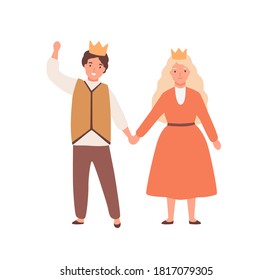 Happy children play prince and princess in theater performance. Boy and girl in carnival costumes standing together holding hands isolated on white. Cute childish actors pair. Vector flat illustration