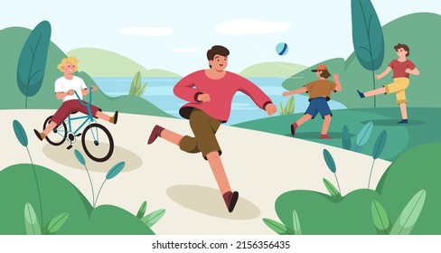 Happy children play in public park. Kids riding a bicycle and running. Fun boys playing ball on green grass lawn near lake. Run, leisure games and sports activities at weekend. Friends on outside walk