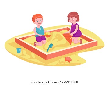 Happy children play in the sandbox. Vector illustration in cartoon style.
