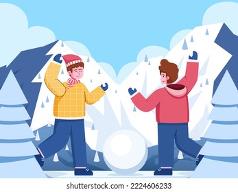 Happy children play snowballs on outdoors.
Kids playing snow and happily.
Fun winter activity on outdoor.
Suitable for greeting card, postcard, greeting card, animation, etc.