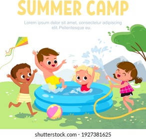 Happy children play in swimming pool at summer camp. Children have fun at the backyard. Kids play outside, outdoors in a swimming pool. Summer camp activities with water splashing. Summer background.