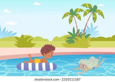 Happy children play in swimming pool, tropical vacation landscape vector illustration. Cartoon boy floating on inflatable mattress and sunbathing, cute girl in underwater goggles diving in blue water