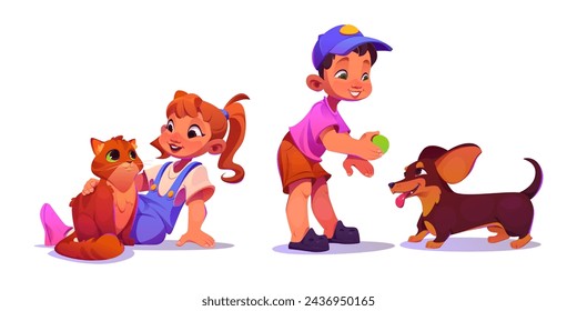 Happy children play with their pets. Cartoon vector kids and their friends domestic animal - smiling girl sitting on floor and stroking red cat with hand, boy training dog of dachshund breed with ball