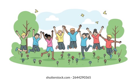 Happy Children Play Together in the Park on a Beautiful Sunny Day Outdoors
