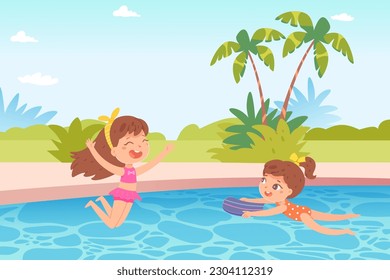 Happy children play in water of swimming pool vector illustration. Cartoon tropical landscape and summer vacation scene with palm trees at poolside, girls in swimsuits jumping and playing together