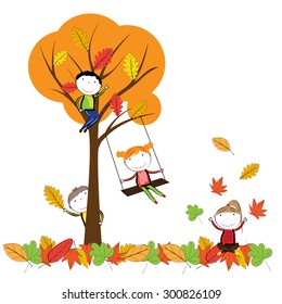 Happy Children Playing Autumn Leaves Stock Vector (Royalty Free ...
