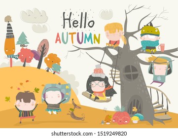 Happy children playing in autumn park. Hello autumn