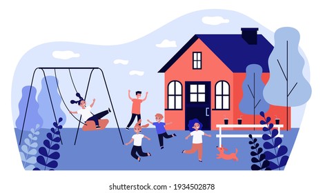 Happy children playing backyard. Swing, game, fun. Flat vector illustration. Summer, outdoor activity, entertainment concept for banner, website design or landing web page