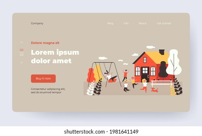 Happy children playing backyard. Swing, game, fun. Flat vector illustration. Summer, outdoor activity, entertainment concept for banner, website design or landing web page