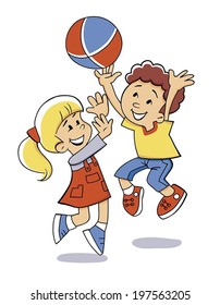 Happy children are playing ball. Vector illustration