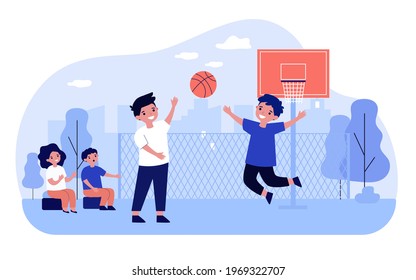 Happy children playing basketball outdoors. Ball, street, player flat vector illustration. Entertainment and sport game concept for banner, website design or landing web page