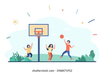 Happy children playing basketball outside together. Cartoon boy and girls having fun, ball game flat vector illustration. Outdoor activity, sports, childhood concept for banner, website design