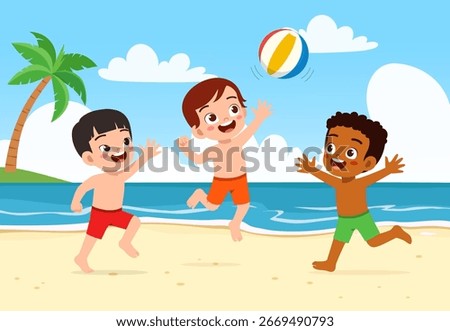 Happy Children Playing with Beach Ball on Sandy Beach Illustration Summer Fun