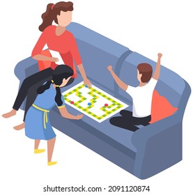 Happy children playing board game with parents, have fun at home. Family entertainment scenes. People sit together at table or on floor in living room play games. Parents and kids in everyday life