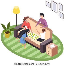 Happy children playing board game with parents, have fun at home. Family entertainment scenes. People sit together at table or on floor in living room play games. Parents and kids in everyday life