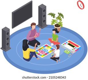 Happy children playing board game with parents, have fun at home. Family entertainment scenes. People sit together at table or on floor in living room play games. Parents and kids in everyday life