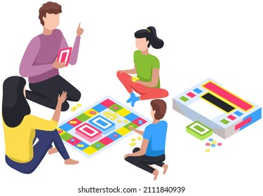 Happy children playing board game with parents, have fun at home. Family entertainment. People sit together on floor play strategical games. Parents and kids in everyday life spend time together