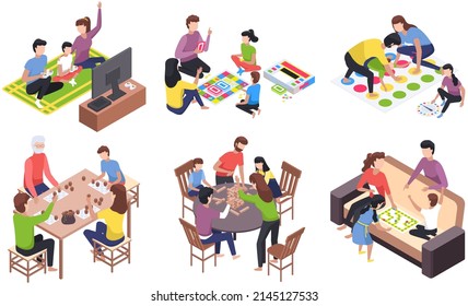 Happy children playing board game with parents, have fun at home. Family entertainment scenes set. People sit together at table or on floor in living room play games. Parents and kids in everyday life