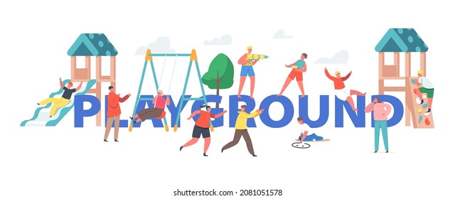 Happy Children Playing, Boys And Girls Fun On Playground Concept. Characters Run, Climbing And Swing, Kids Having Active Game Recreation Poster, Banner Or Flyer. Cartoon People Vector Illustration