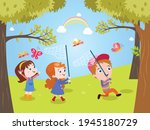Happy children playing and catching insects at the park