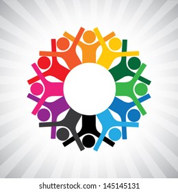 happy children playing in circle holding hands- simple vector graphic. This illustration can also represent employee diversity, executives or staff meeting, united collaborative workers, etc