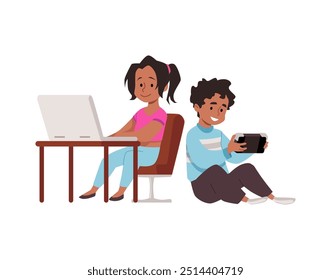 Crianças felizes jogando jogos de computador online no laptop e console de jogos portátil. A garotinha está sentada em um laptop, e o menino está perto no chão. Ilustração vetorial isolada sobre fundo branco.